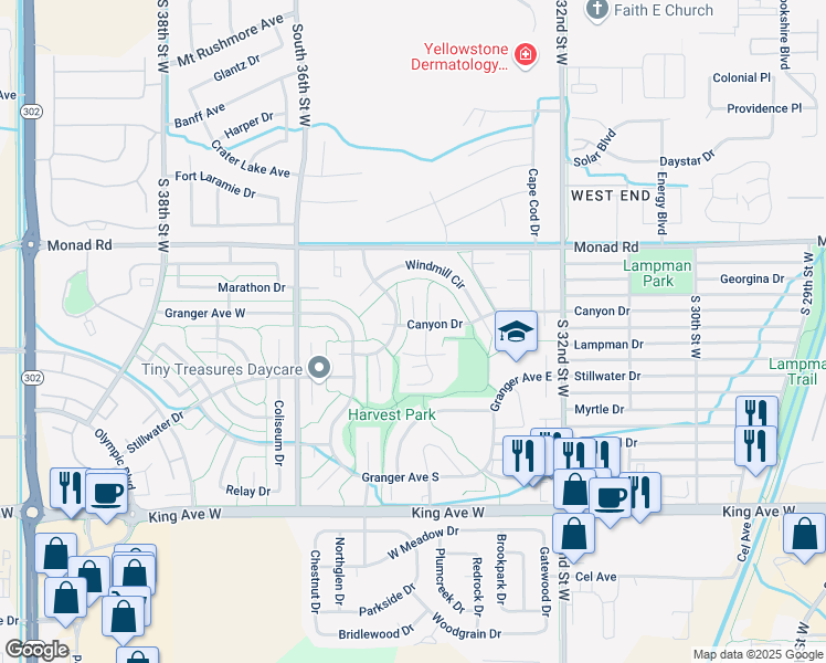 map of restaurants, bars, coffee shops, grocery stores, and more near 456 Blossom Place in Billings