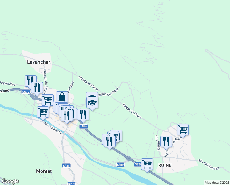 map of restaurants, bars, coffee shops, grocery stores, and more near 28 Chemin du Villair in Morgex