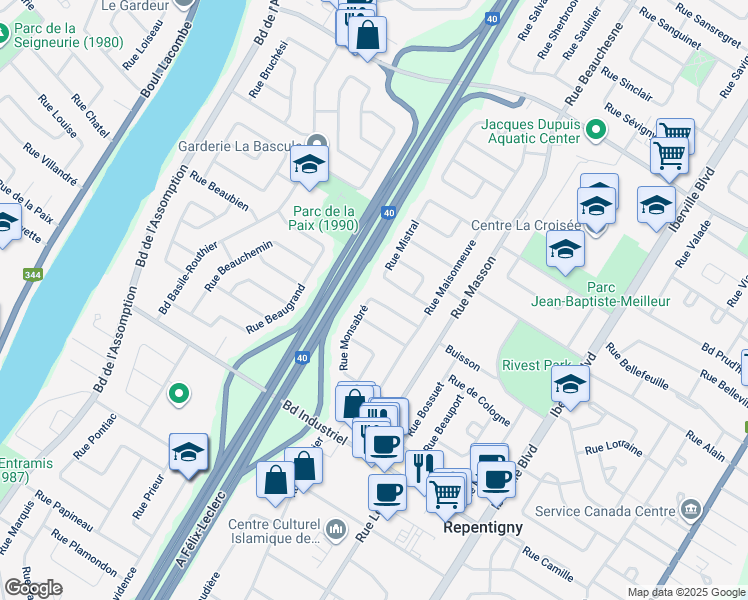 map of restaurants, bars, coffee shops, grocery stores, and more near 158 Rue Musset in Repentigny