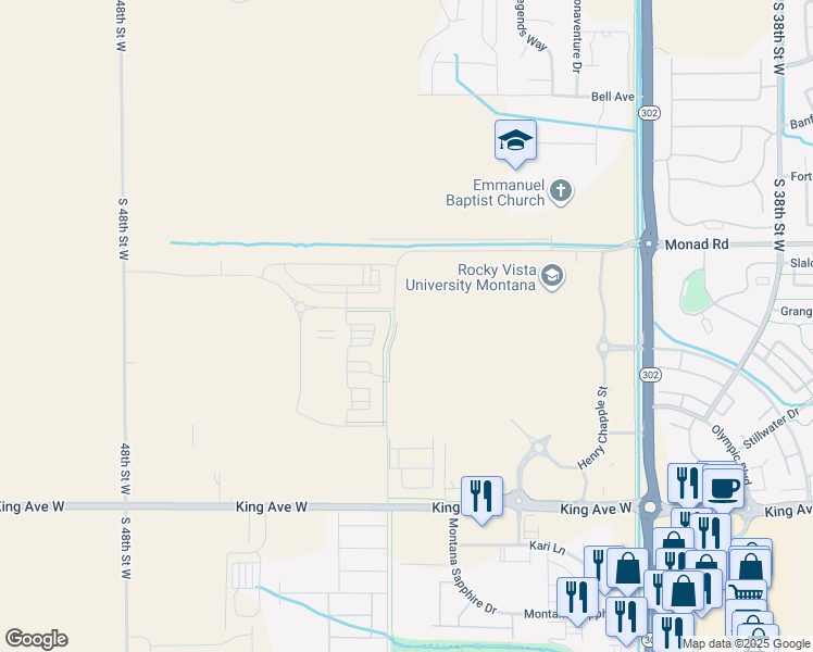 map of restaurants, bars, coffee shops, grocery stores, and more near 501 South 44th Street West in Billings