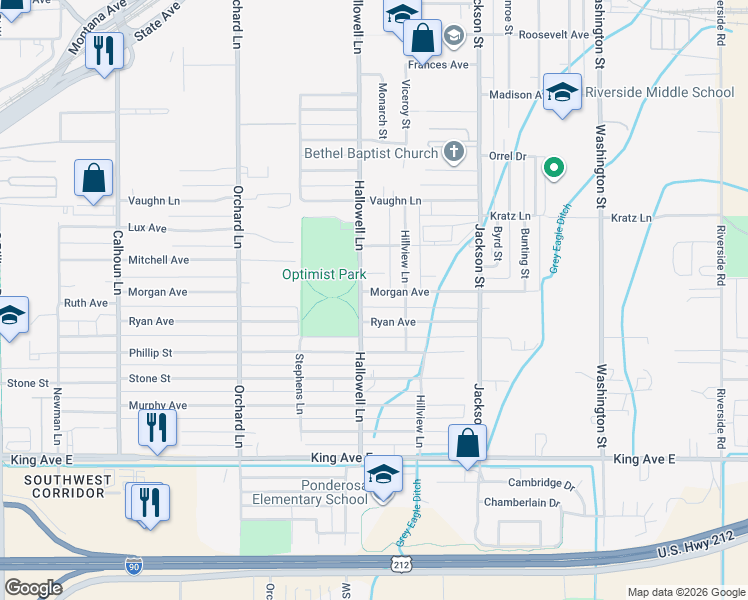 map of restaurants, bars, coffee shops, grocery stores, and more near 4177 Morgan Avenue in Billings