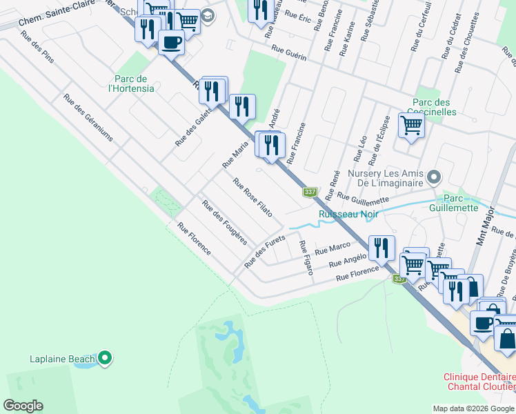 map of restaurants, bars, coffee shops, grocery stores, and more near 6710 Rue Rose Filato in Terrebonne