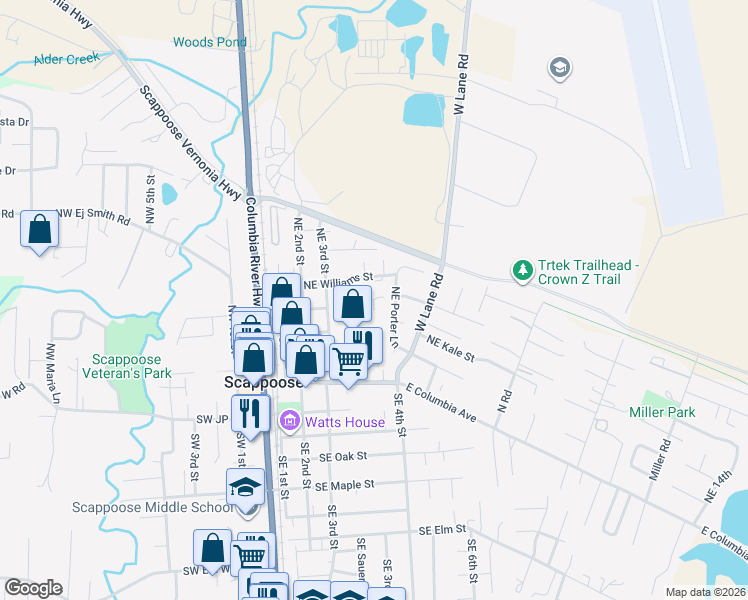map of restaurants, bars, coffee shops, grocery stores, and more near 33719 Northeast Karen Place in Scappoose