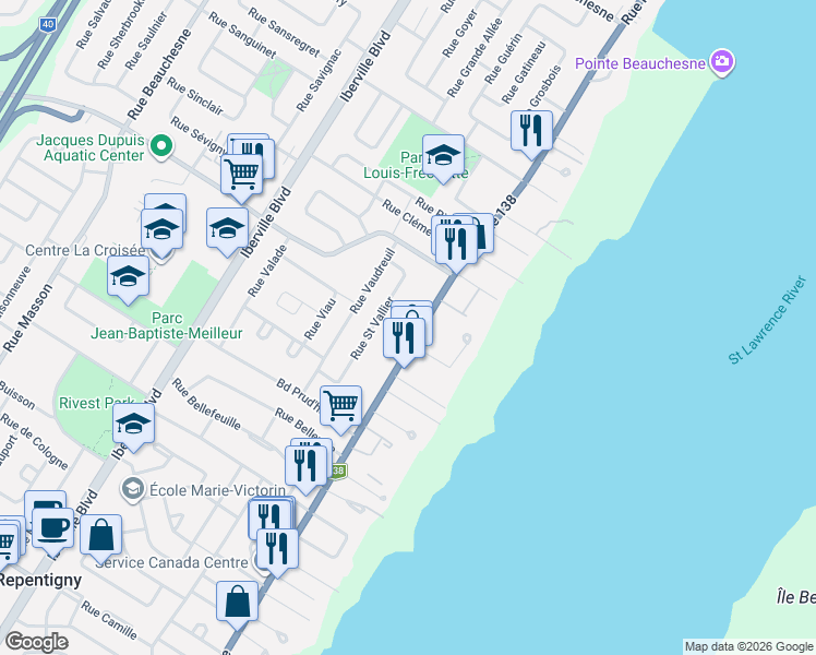 map of restaurants, bars, coffee shops, grocery stores, and more near 783 Rue Notre Dame in Repentigny
