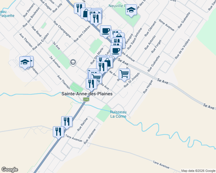 map of restaurants, bars, coffee shops, grocery stores, and more near 217 Avenue 3e in Sainte-Anne-des-Plaines