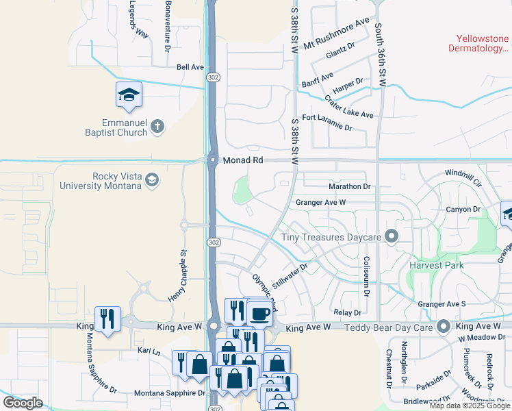 map of restaurants, bars, coffee shops, grocery stores, and more near 3902 Victory Circle in Billings