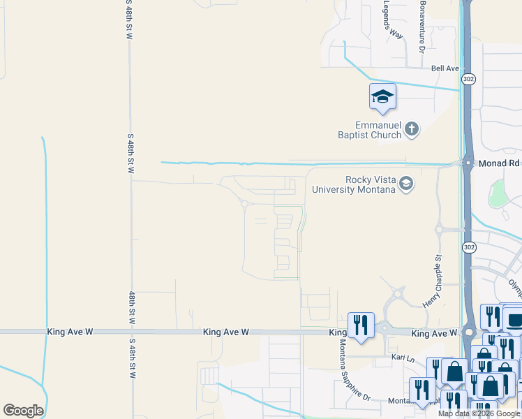 map of restaurants, bars, coffee shops, grocery stores, and more near 610 South 44th Street West in Billings