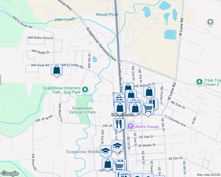 map of restaurants, bars, coffee shops, grocery stores, and more near 52715 Northwest 1st Street in Scappoose