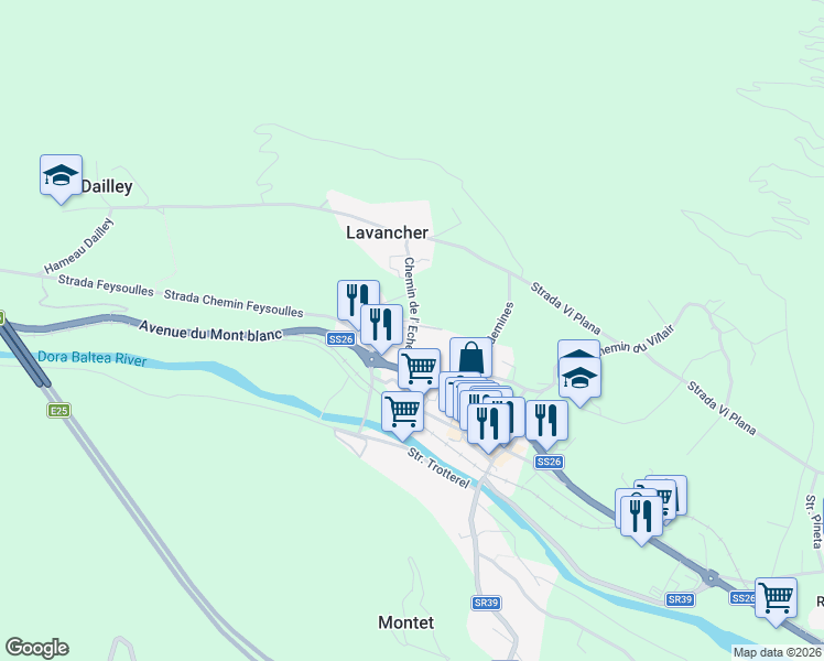 map of restaurants, bars, coffee shops, grocery stores, and more near 22 Chemin de l'Echely in Morgex