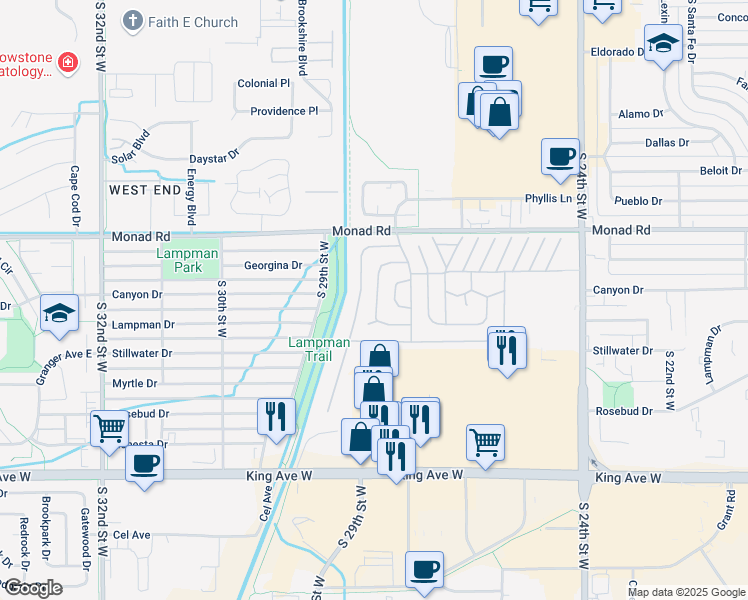 map of restaurants, bars, coffee shops, grocery stores, and more near 16 Roundup Drive in Billings
