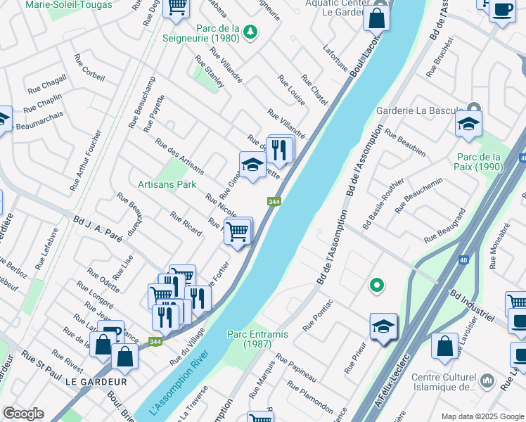 map of restaurants, bars, coffee shops, grocery stores, and more near 571 Boulevard Lacombe in Repentigny