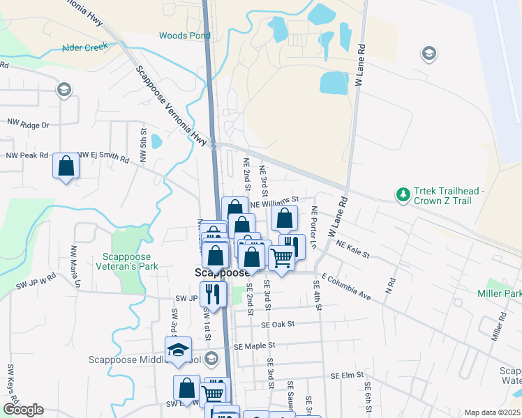 map of restaurants, bars, coffee shops, grocery stores, and more near 52709 Northeast 3rd Street in Scappoose