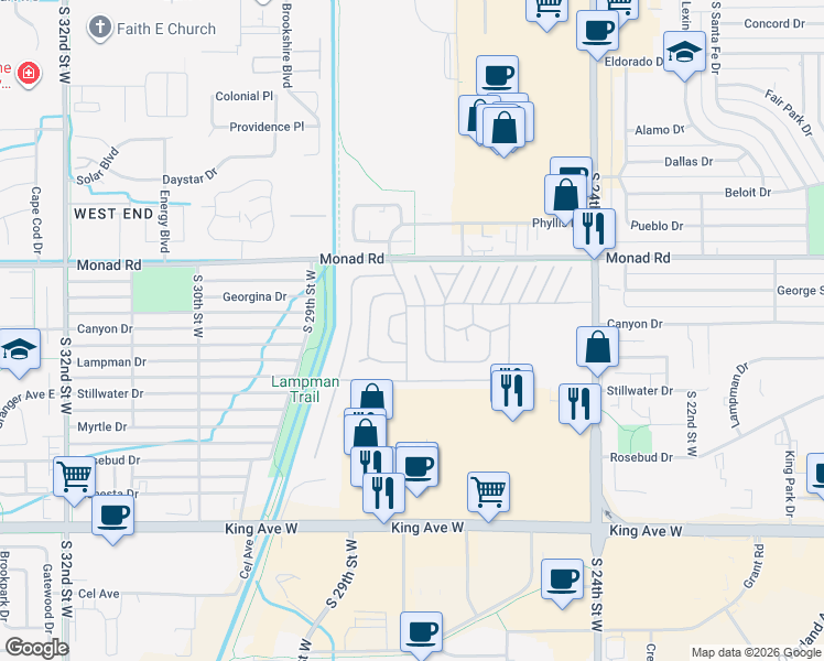 map of restaurants, bars, coffee shops, grocery stores, and more near 13 Bonanza Drive in Billings