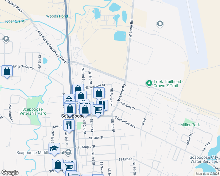 map of restaurants, bars, coffee shops, grocery stores, and more near 52707 Northeast Porter Lane in Scappoose