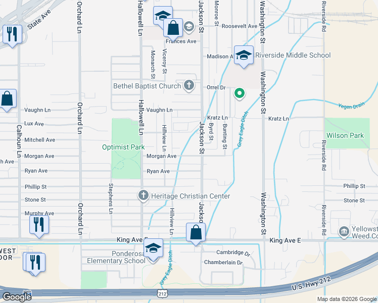 map of restaurants, bars, coffee shops, grocery stores, and more near 4117 Morgan Avenue in Billings