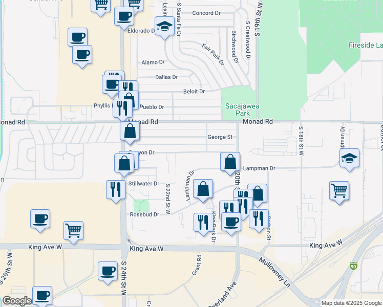map of restaurants, bars, coffee shops, grocery stores, and more near 2100 Canyon Drive in Billings