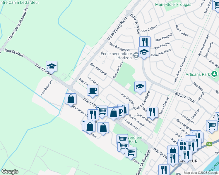 map of restaurants, bars, coffee shops, grocery stores, and more near 488 Rue Borduas in Repentigny