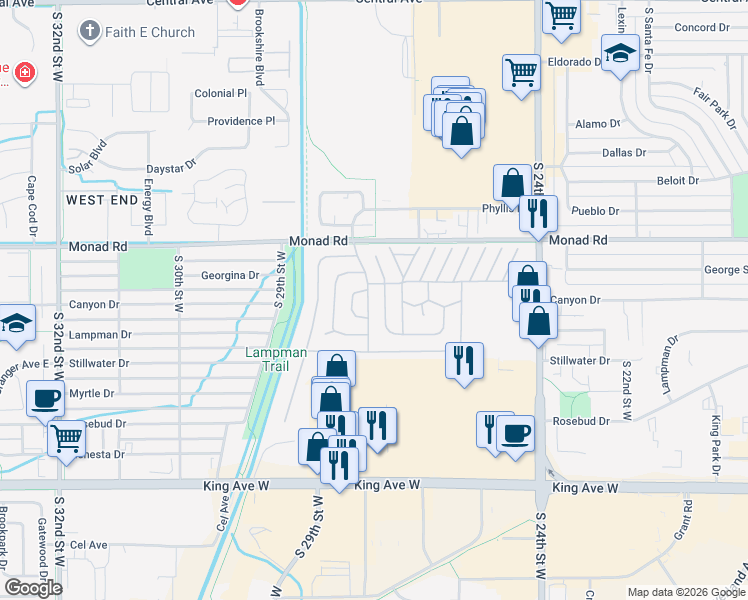 map of restaurants, bars, coffee shops, grocery stores, and more near 13 Bonanza Drive in Billings