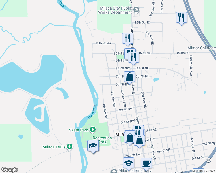 map of restaurants, bars, coffee shops, grocery stores, and more near 545 4th Avenue Northwest in Milaca