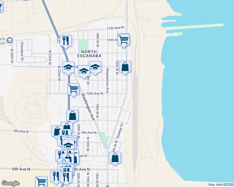 map of restaurants, bars, coffee shops, grocery stores, and more near 1200 16th Street North in Escanaba
