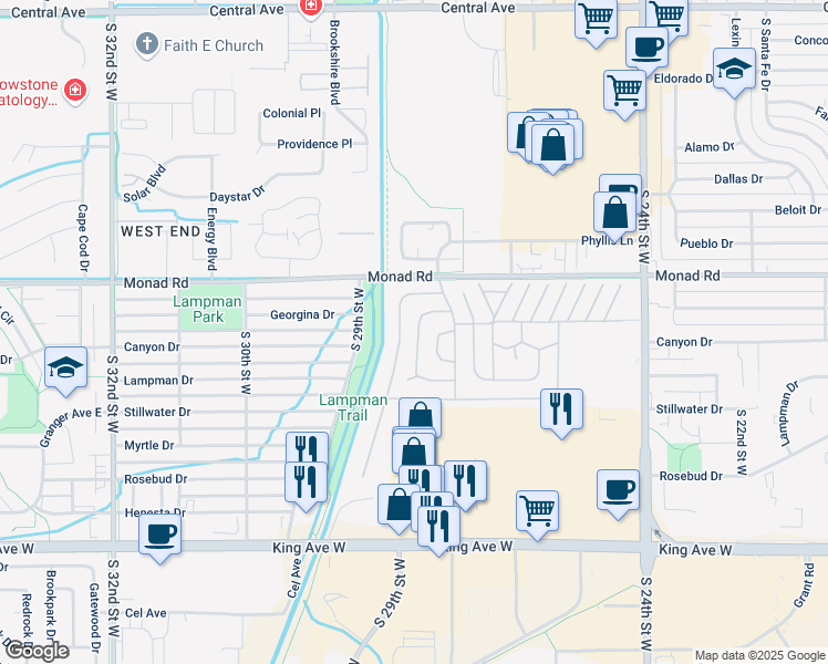 map of restaurants, bars, coffee shops, grocery stores, and more near 16 Roundup Dr in Billings