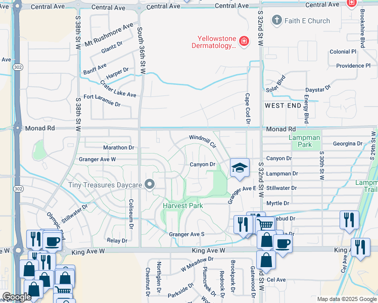 map of restaurants, bars, coffee shops, grocery stores, and more near 456 Blossom Place in Billings