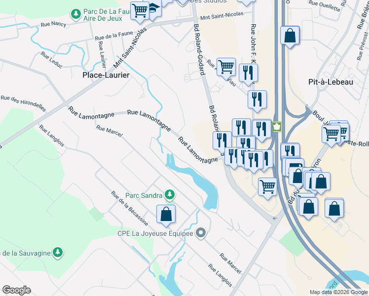 map of restaurants, bars, coffee shops, grocery stores, and more near 475 Rue Lamontagne in Saint-Jérôme
