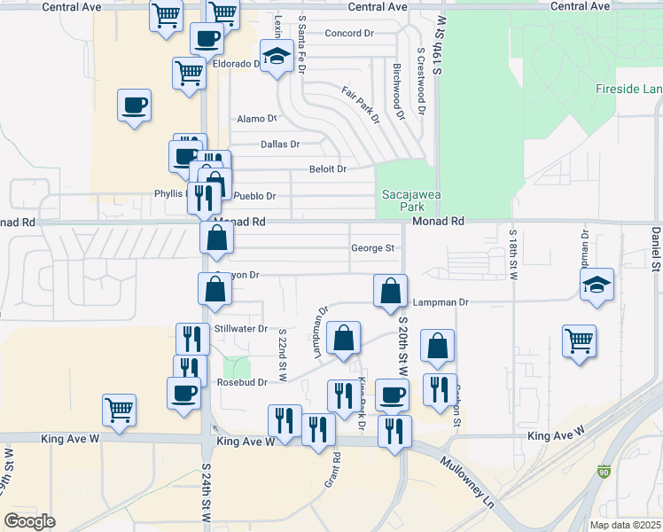 map of restaurants, bars, coffee shops, grocery stores, and more near 2100 Canyon Drive in Billings
