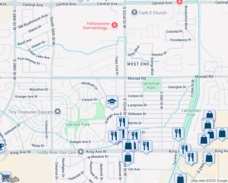 map of restaurants, bars, coffee shops, grocery stores, and more near 501 Thistle Place in Billings