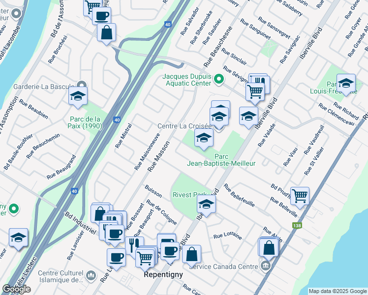 map of restaurants, bars, coffee shops, grocery stores, and more near 95 Rue Jean Baptiste Meilleur in Repentigny