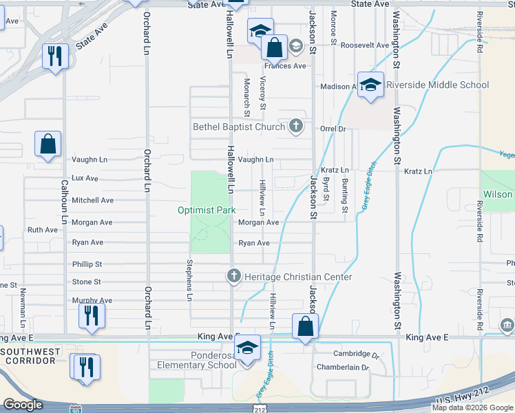 map of restaurants, bars, coffee shops, grocery stores, and more near 4177 Morgan Avenue in Billings