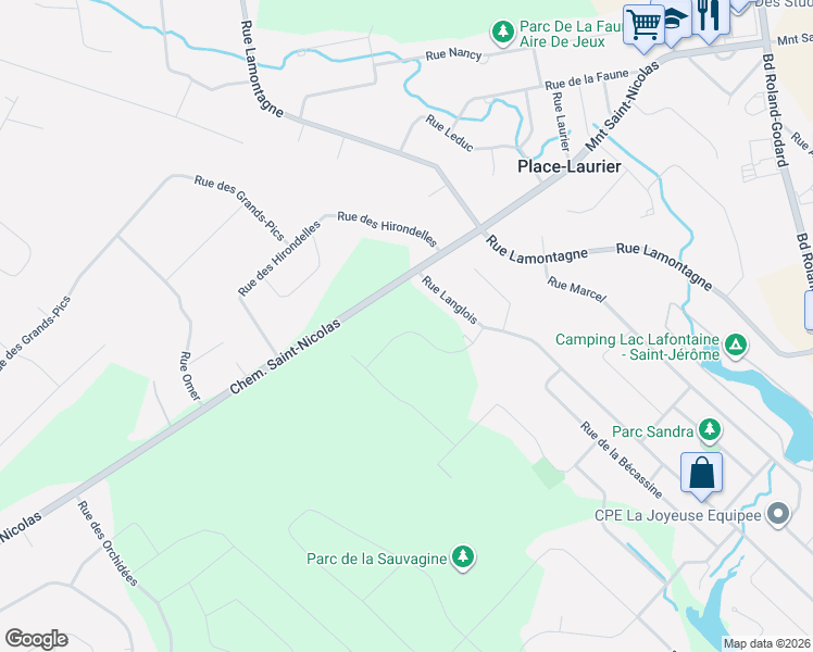 map of restaurants, bars, coffee shops, grocery stores, and more near Rue du Carouge in Saint-Jérôme