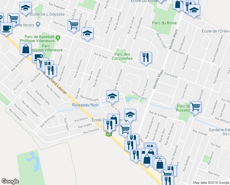 map of restaurants, bars, coffee shops, grocery stores, and more near 1821 Rue de l'Échassier in Terrebonne