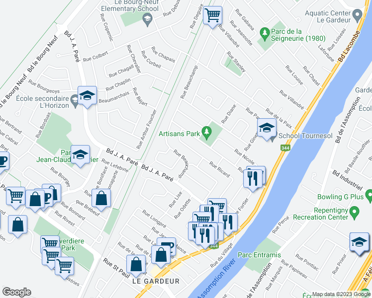 map of restaurants, bars, coffee shops, grocery stores, and more near 138 Rue Ricard in Repentigny