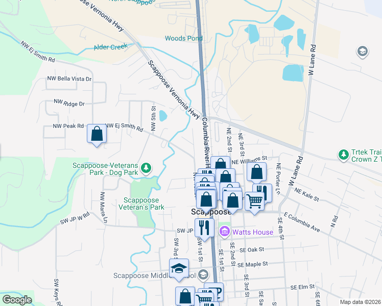map of restaurants, bars, coffee shops, grocery stores, and more near 52715 Northwest 1st Street in Scappoose