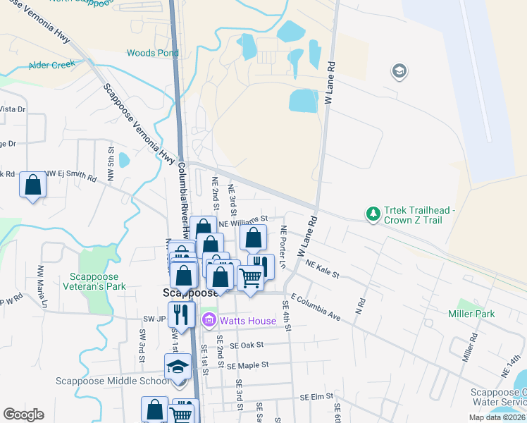 map of restaurants, bars, coffee shops, grocery stores, and more near 33713 Northeast Williams Street in Scappoose