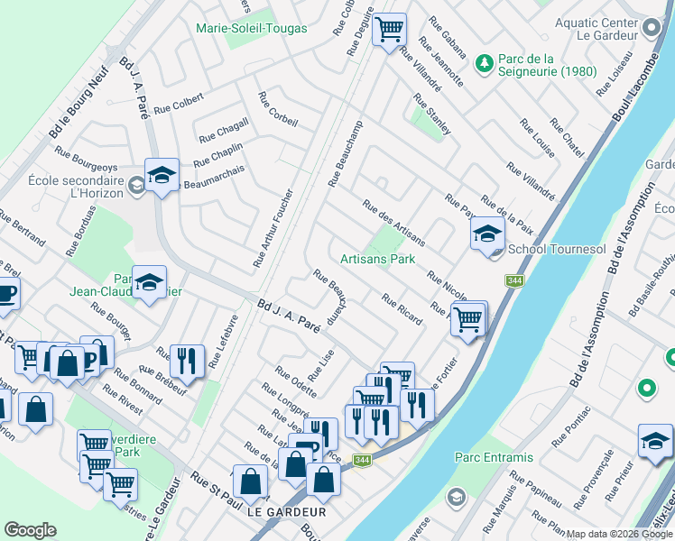 map of restaurants, bars, coffee shops, grocery stores, and more near 138 Rue Ricard in Repentigny