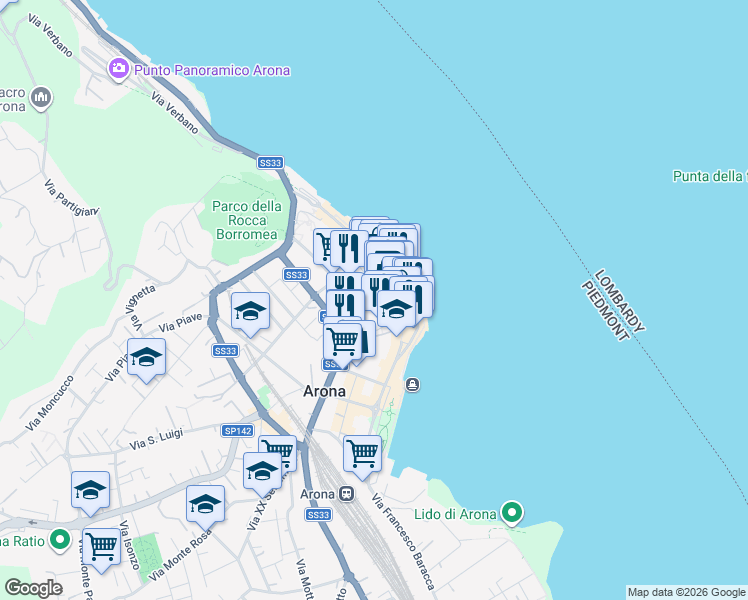 map of restaurants, bars, coffee shops, grocery stores, and more near 26 Via Cesare Battisti in Arona