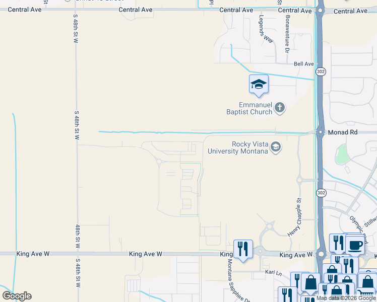 map of restaurants, bars, coffee shops, grocery stores, and more near 501 South 44th Street West in Billings