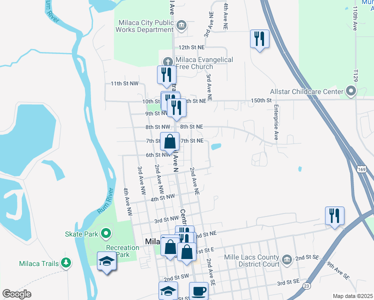 map of restaurants, bars, coffee shops, grocery stores, and more near 130 7th Street Northeast in Milaca