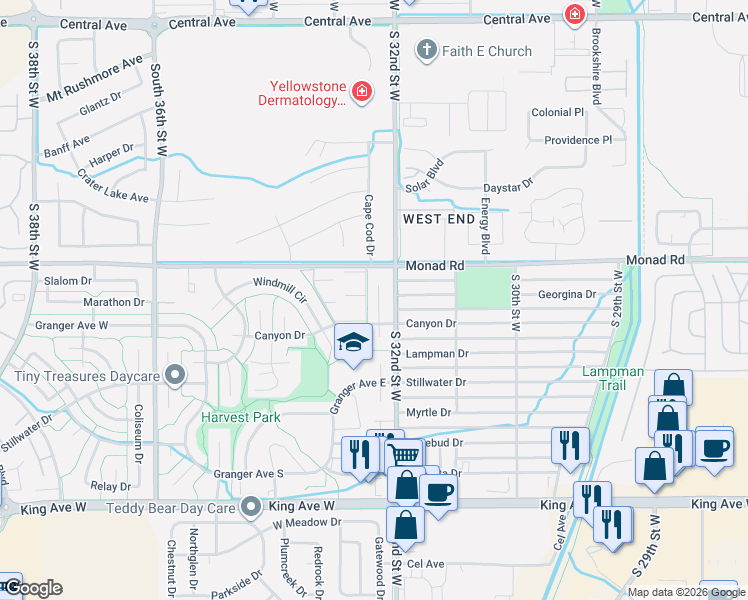 map of restaurants, bars, coffee shops, grocery stores, and more near 414 Greenspring Place in Billings