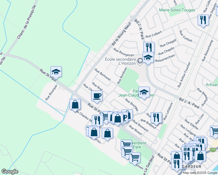 map of restaurants, bars, coffee shops, grocery stores, and more near 261 Rue Cabral in Repentigny