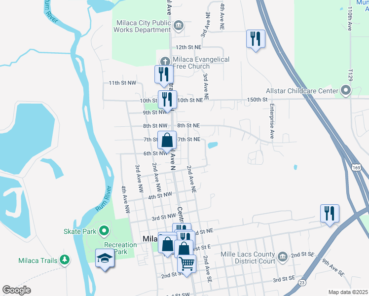 map of restaurants, bars, coffee shops, grocery stores, and more near 130 7th Street Northeast in Milaca