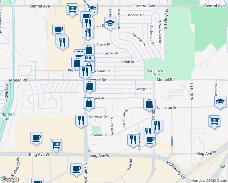 map of restaurants, bars, coffee shops, grocery stores, and more near 2210 George Street in Billings