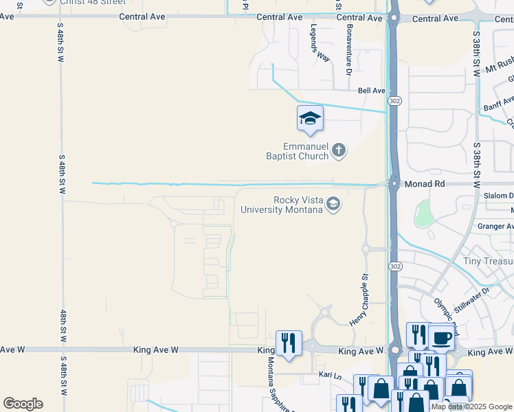 map of restaurants, bars, coffee shops, grocery stores, and more near 485 South 44th Street West in Billings