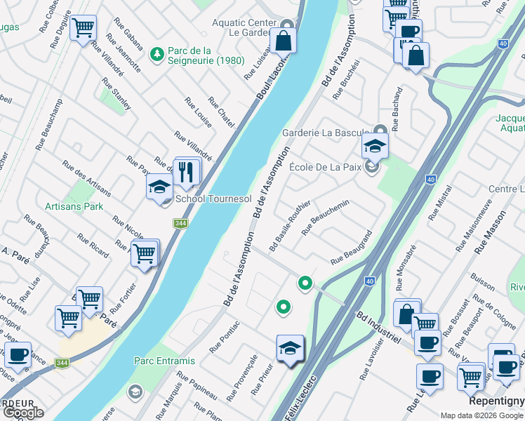 map of restaurants, bars, coffee shops, grocery stores, and more near 778 Boulevard de l'Assomption in Repentigny