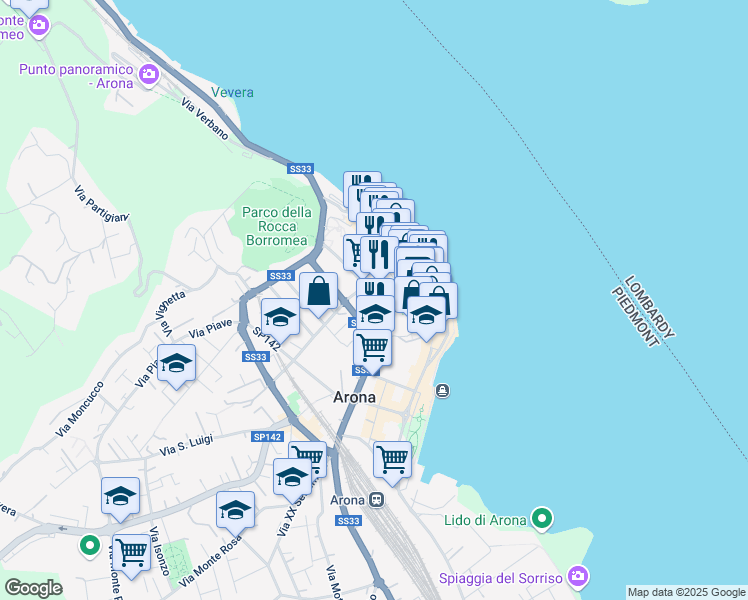 map of restaurants, bars, coffee shops, grocery stores, and more near 8 Via San Carlo in Arona