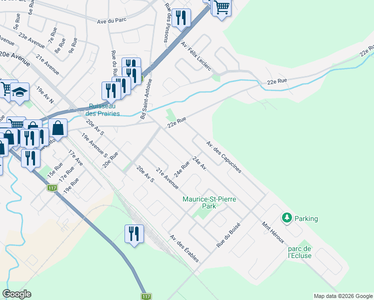 map of restaurants, bars, coffee shops, grocery stores, and more near 1089 24e Avenue in Saint-Jérôme