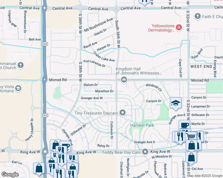map of restaurants, bars, coffee shops, grocery stores, and more near 400 Slalom Drive in Billings