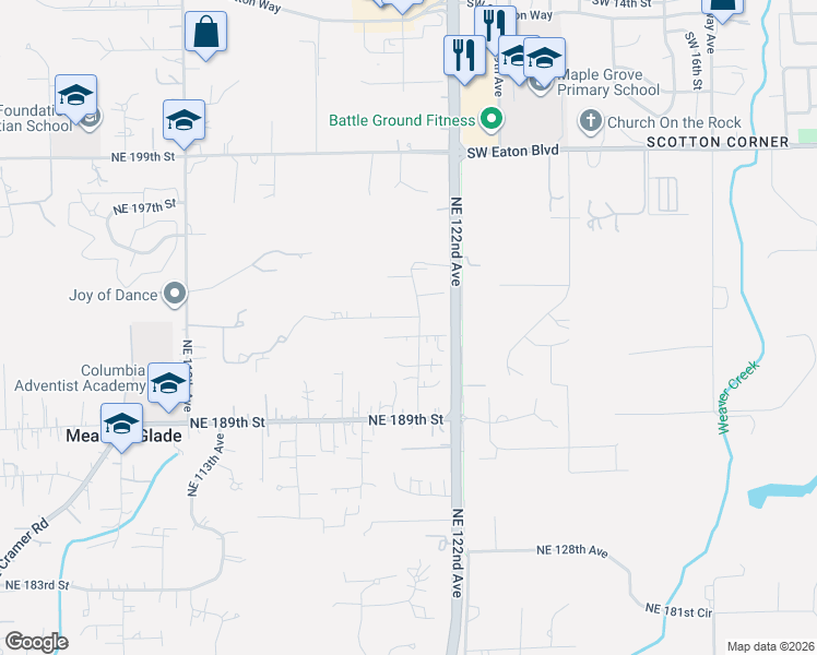 map of restaurants, bars, coffee shops, grocery stores, and more near 2519 Southwest 11th Avenue in Battle Ground